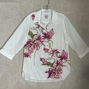 Chico’s No Iron 100% Linen Floral Shirt Button Up Watercolor Tropical Sz 1 Or 8